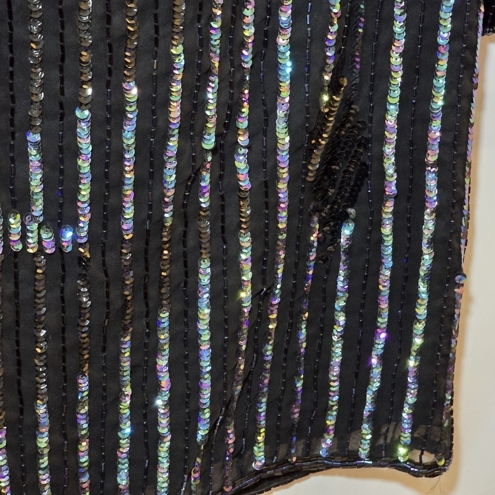 Vintage Schrader Knits 100% Silk Black Sequin Beaded Color Block Short Sleeve 12 - Picture 7 of 7